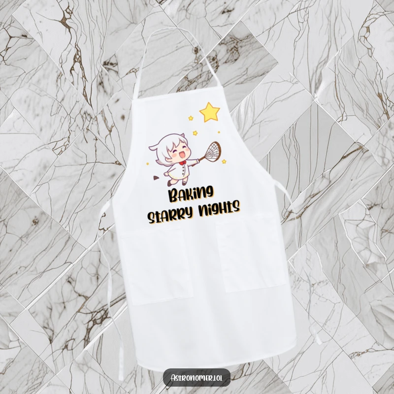 Funny apron depicting a gleeful character using a net to try and catch a shooting star while cooking in the kitchen.