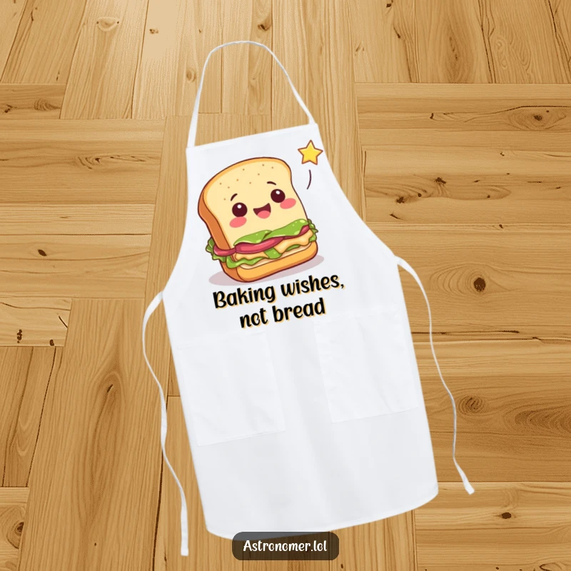 Funny cheerful sandwich attempting to catch a falling star, humorous cooking apron, whimsical food-themed kitchen gag gift.