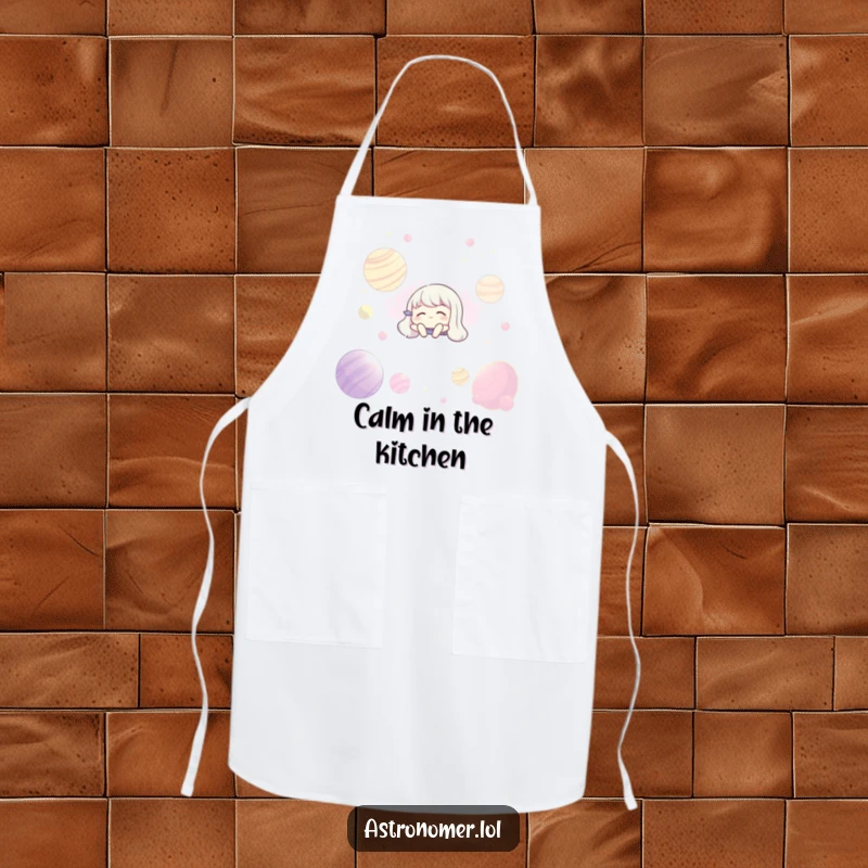 Funny apron featuring a character floating serenely among glowing planets, ideal for a calm cooking experience.
