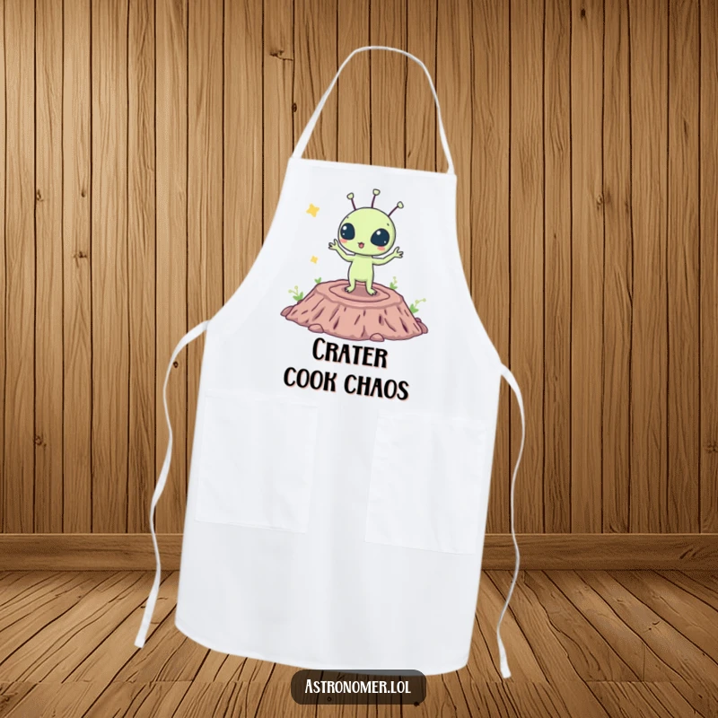 Funny apron showing a surprised alien creature doing a hilarious dance on a crater, ready for kitchen adventures.