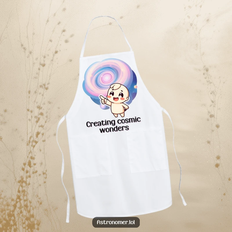 Funny apron featuring an excited character pointing at a swirling galaxy, ready for cosmic culinary adventures.