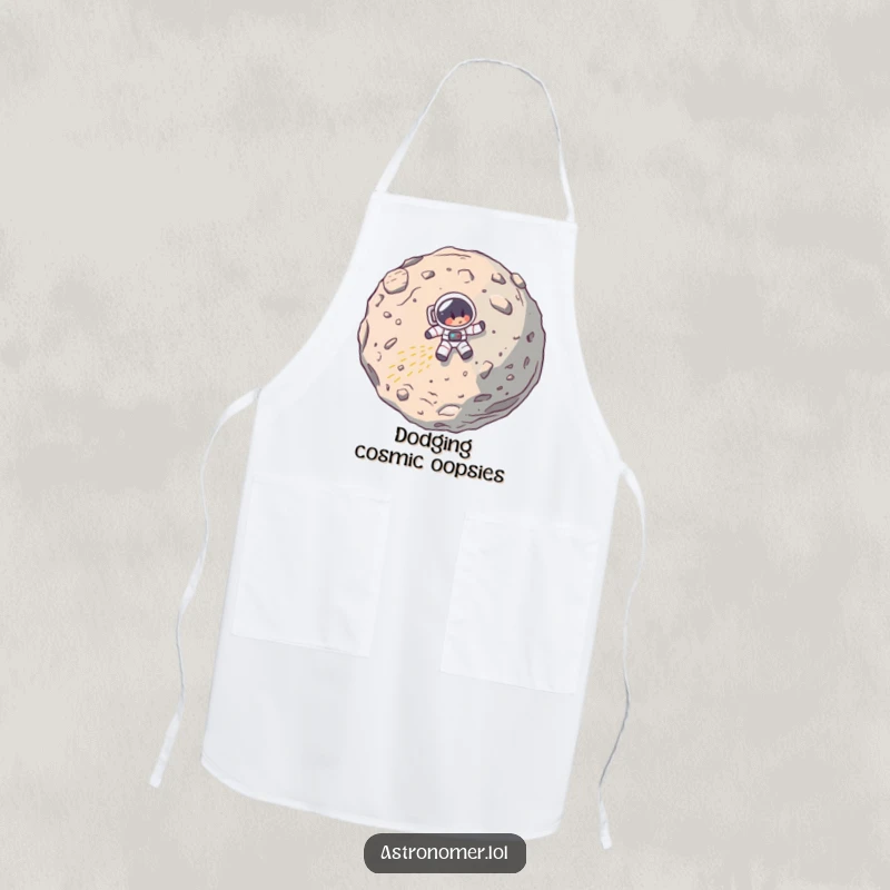 Funny apron showing a cartoon astronaut's spaceship comically crashing into a large asteroid, a humorous kitchen accessory.