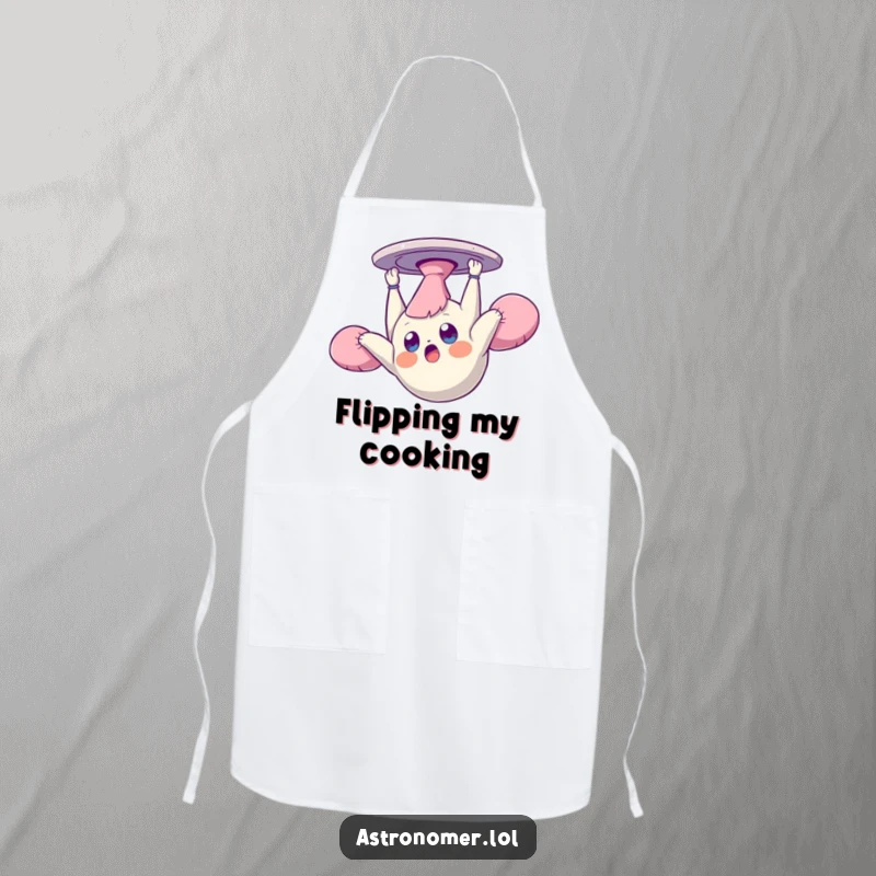 Funny apron showing a surprised creature floating upside down and dazed in zero gravity, perfect for kitchen fun with a space theme.