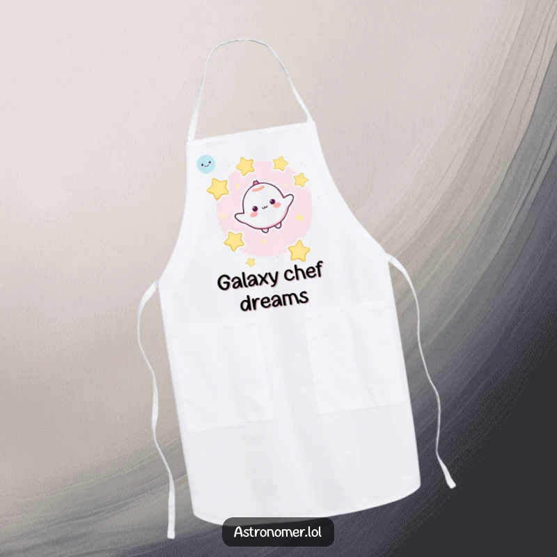 Funny Apron: A cute character floats happily in space, surrounded by a cheerful audience of cartoon stars.