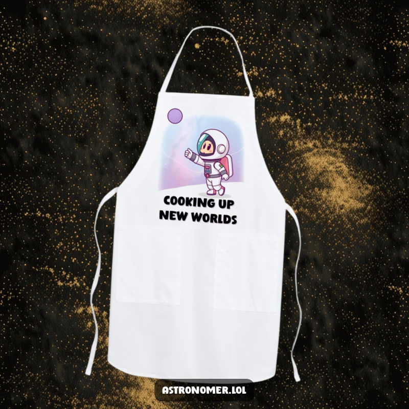 Funny apron showing a cartoon astronaut excitedly pointing at a distant galaxy, functional and inspiring for the kitchen.