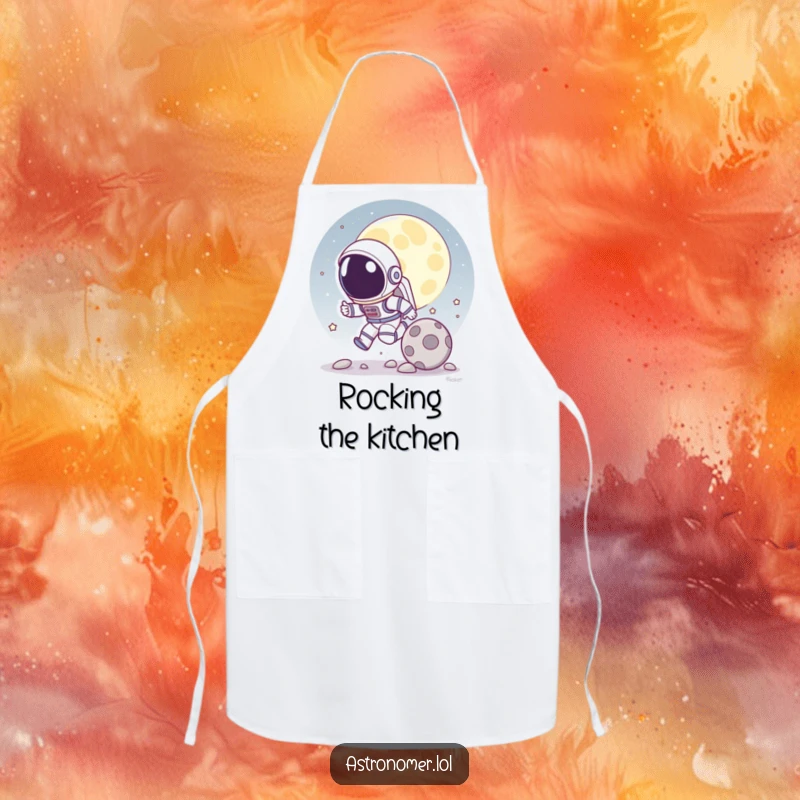 Funny apron showing a cartoon astronaut playfully chasing a rolling moon rock, practical and humorous for the kitchen.