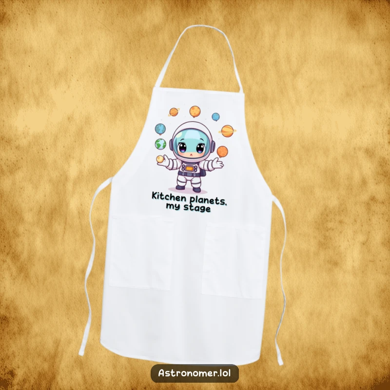 Funny Astronaut Apron: A cartoon astronaut wide-eyed, juggling tiny planet models, designed for cooks who excel at multitasking.