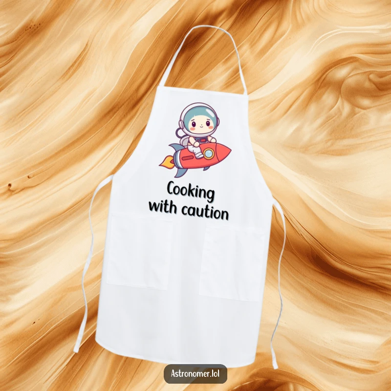 Funny astronaut with a smile, nervously navigating a crooked rocket, humorous apron for kitchen adventures.