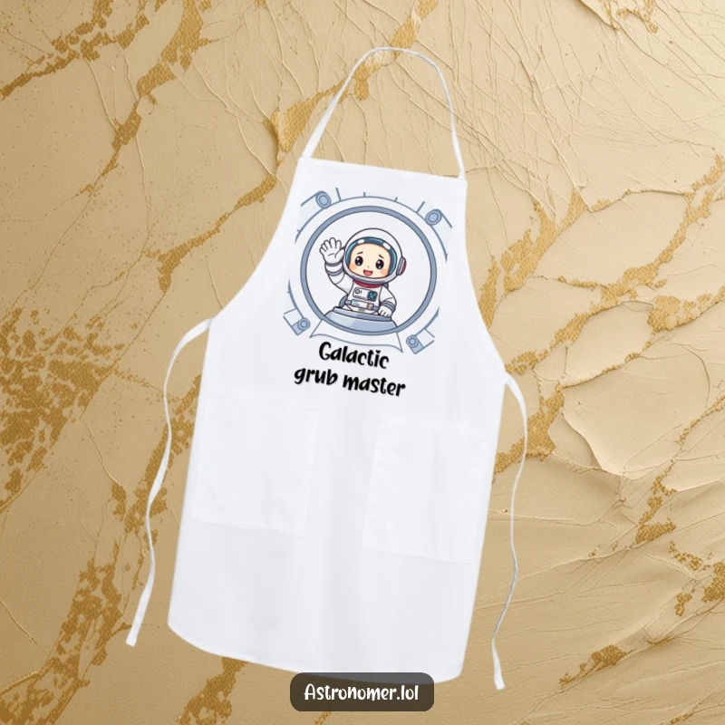 Funny apron showing a cartoon astronaut enthusiastically waving from inside a spaceship, practical and cheerful for the kitchen.