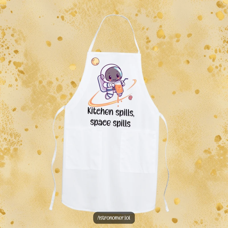Funny Astronaut Apron: A cartoon astronaut spilling a drink while orbiting a planet, designed to keep chefs mess-free.