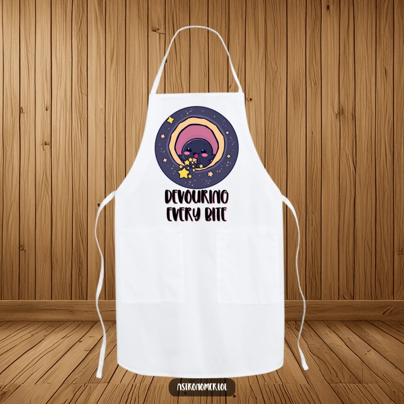 Funny cheerful black hole character playfully slurping up small stars, humorous apron.