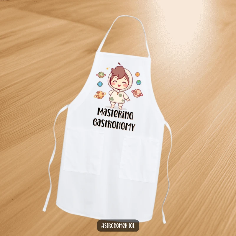 Funny Apron: Cute character smiles while juggling miniature planets, blending culinary skills with cosmic playfulness in the kitchen.