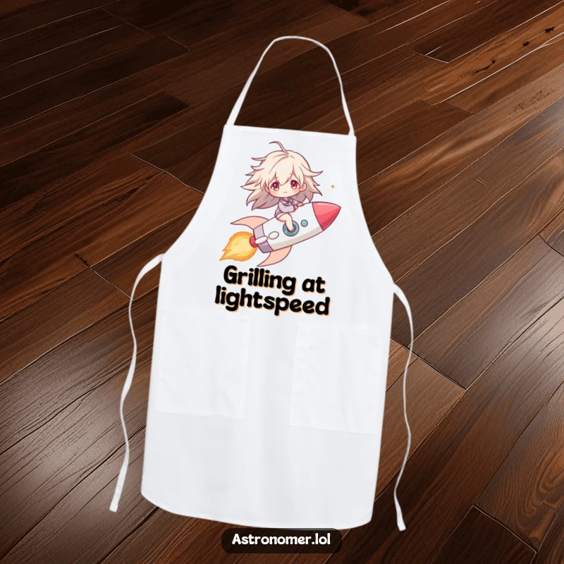 Funny apron showing a character riding a comet like a rocket, hair dramatically windblown, ready to cook up a storm.