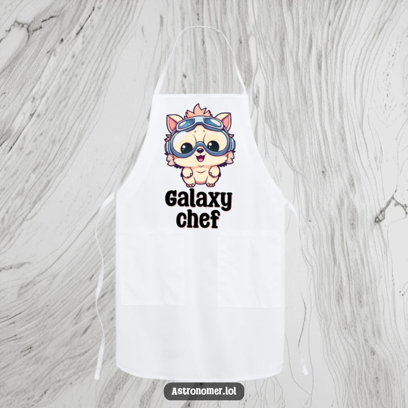 Funny apron with a delighted creature in big goggles, exploring a tiny galaxy, perfect for a humorous kitchen.