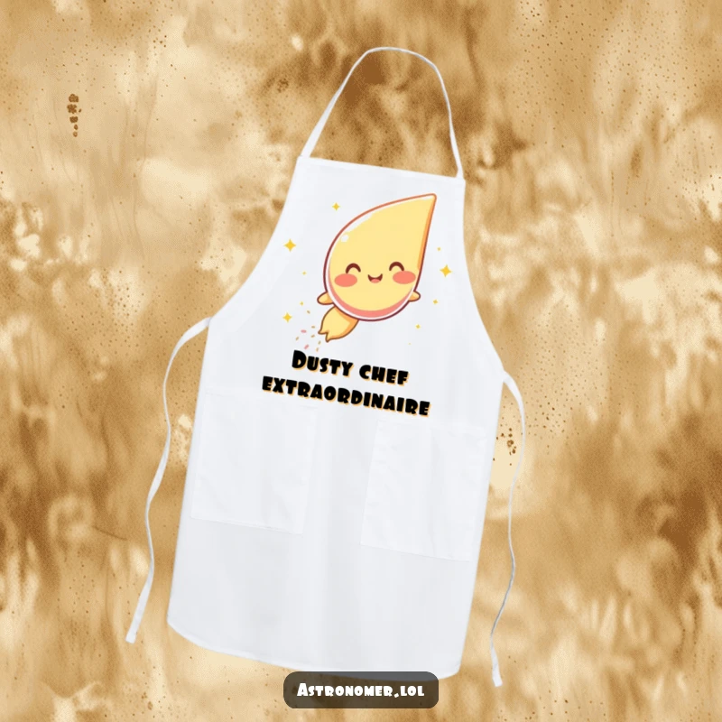 Funny apron adorned with a giggling comet character leaving a trail of sparkly dust, ideal for kitchen fun.