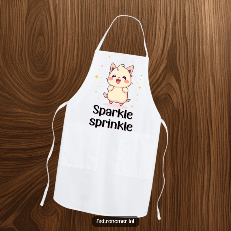 Funny apron with a gleeful creature throwing stardust like confetti, ideal for a fun, celebratory kitchen.