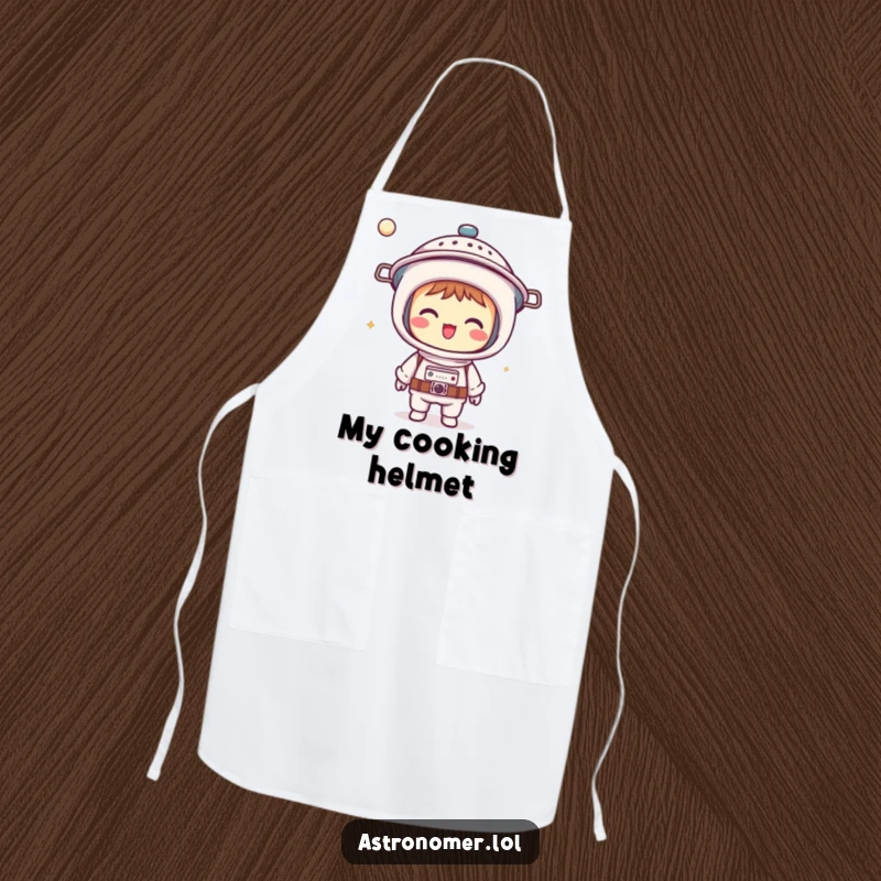 Funny Kawaii astronomer apron showing a giggling character wearing a colander as a helmet, perfect for humorous cooking sessions.