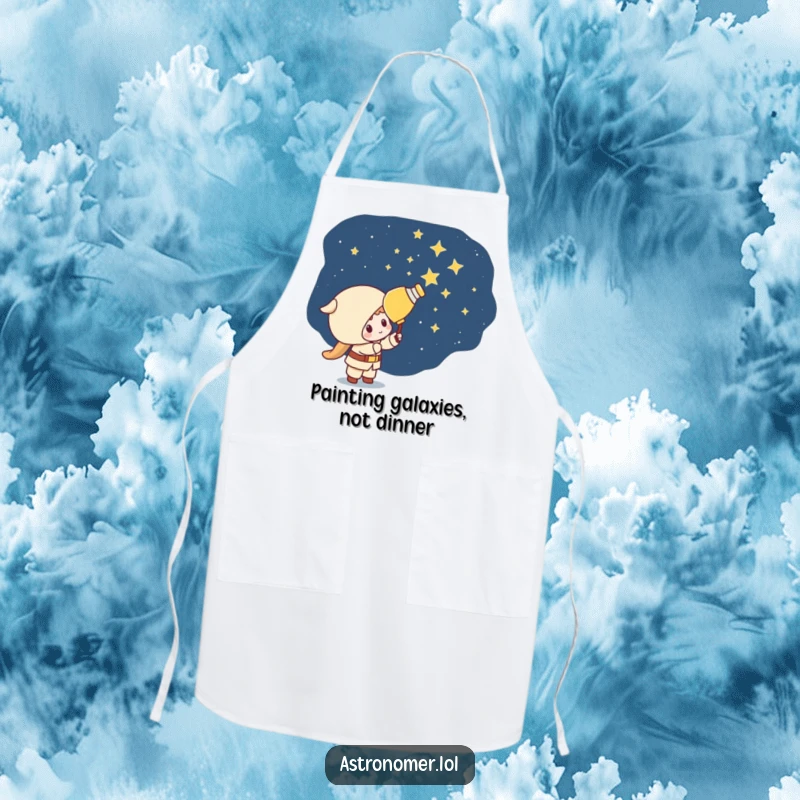 Funny Kawaii astronomer character comically painting stars onto a dark sky, ideal for kitchen fun on this apron.