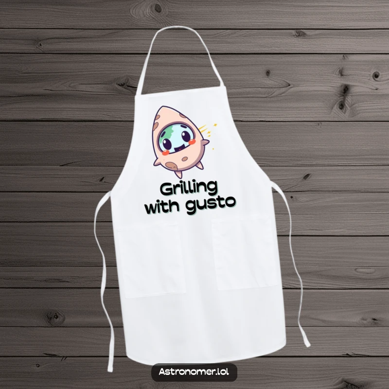 Funny surprised meteorite with a mischievous grin, zooming past planet Earth, humorous apron.