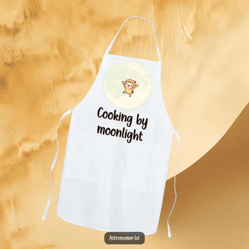 Funny apron featuring an excited character orbiting a giant moon, ready for cosmic culinary adventures.