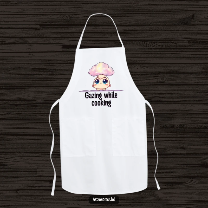 Funny nebula artist apron with big eyes gazing at a cloud, a humorous kitchen accessory for creative cosmic cooks.