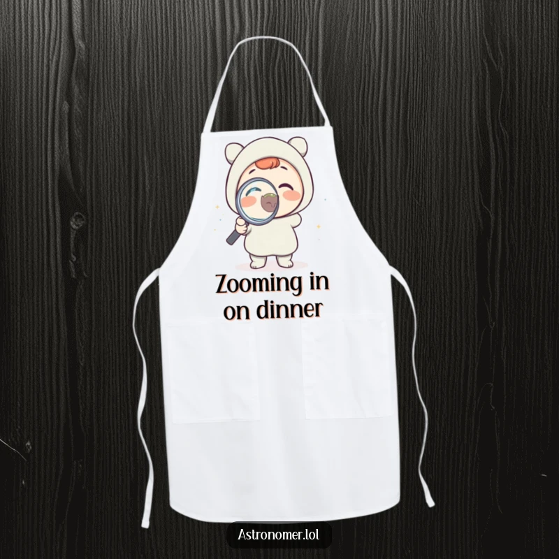 Funny apron showing a delighted character holding a magnifying glass over a tiny planet, perfect for a humorous cooking experience.