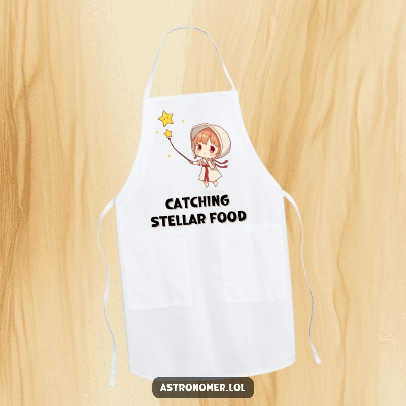 Funny apron featuring a character attempting to catch a falling star with a net, ready to serve up dreams.