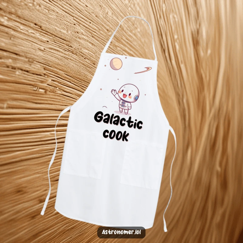 Funny Apron of a character enthusiastically waving at a distant planet, bringing space vibes to the kitchen.