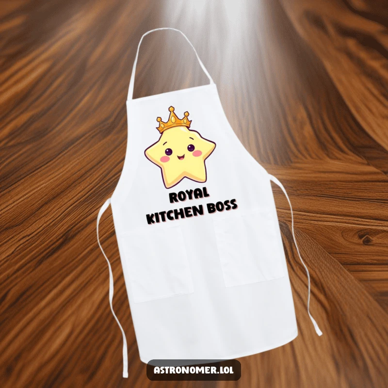 Funny apron adorned with a star character wearing a crown and shining brightly, ready for royal kitchen duties.