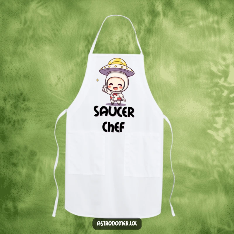 Funny Apron of a character grinning and pointing at a flying saucer, adding a cosmic touch to cooking.