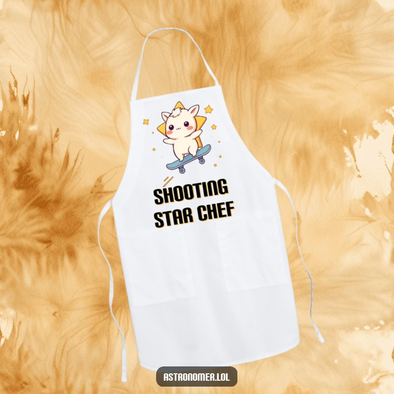 Funny apron with a whimsical creature skateboarding on a shooting star, ideal for kitchen fun and space enthusiasts.