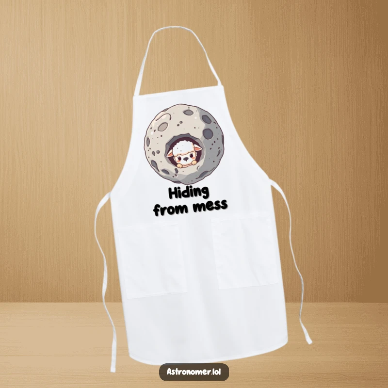 Funny apron with a sheepish creature hiding behind an asteroid, peeking out, ideal for a humorous kitchen.