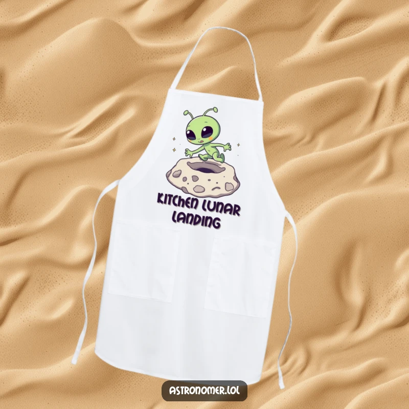 Funny Apron: A goofy alien comically trips over a moon crater, adding humor to kitchen tasks.