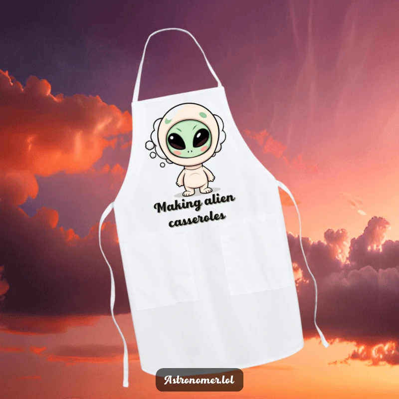 Funny apron showing a curious character with a thought bubble containing a funny alien face, great for humorous cooking sessions.
