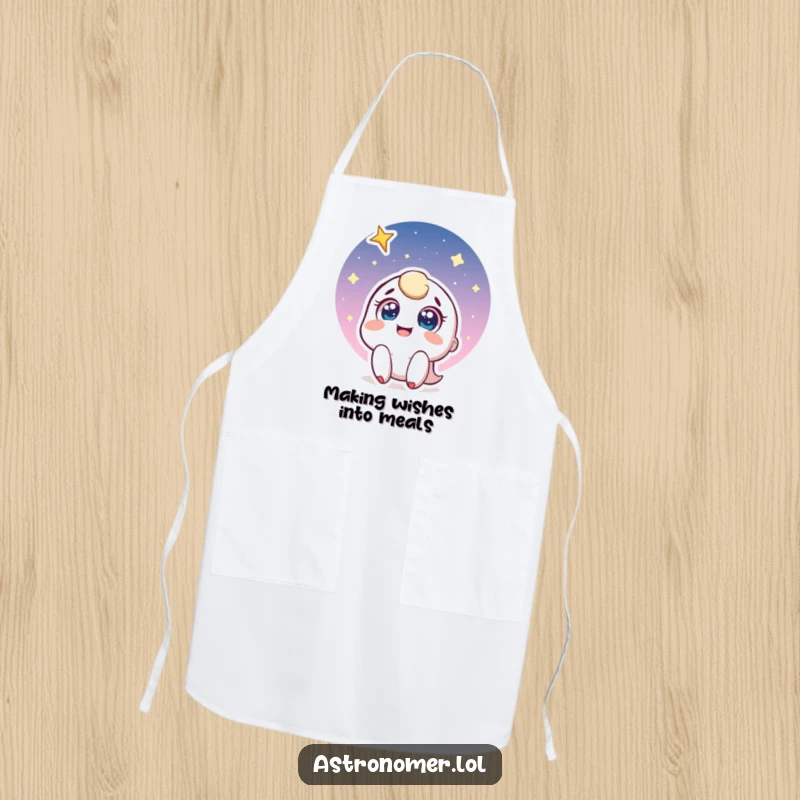 Funny apron featuring a joyful character with wide eyes, smiling as they look up at a shooting star, perfect for a magical kitchen.