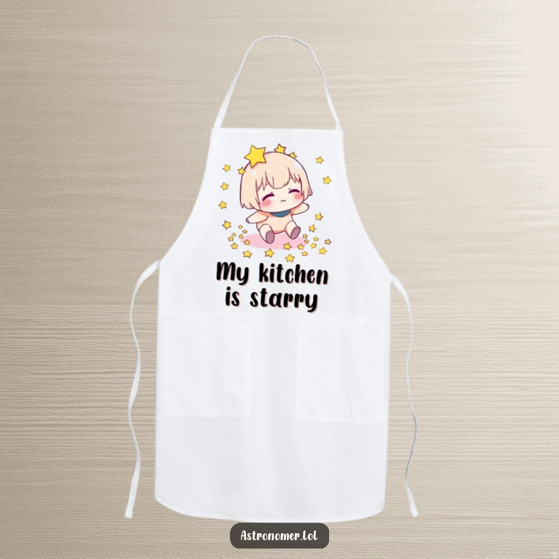 Funny apron featuring a character stumbling and scattering stars, adding a touch of humor to cooking and kitchen activities.