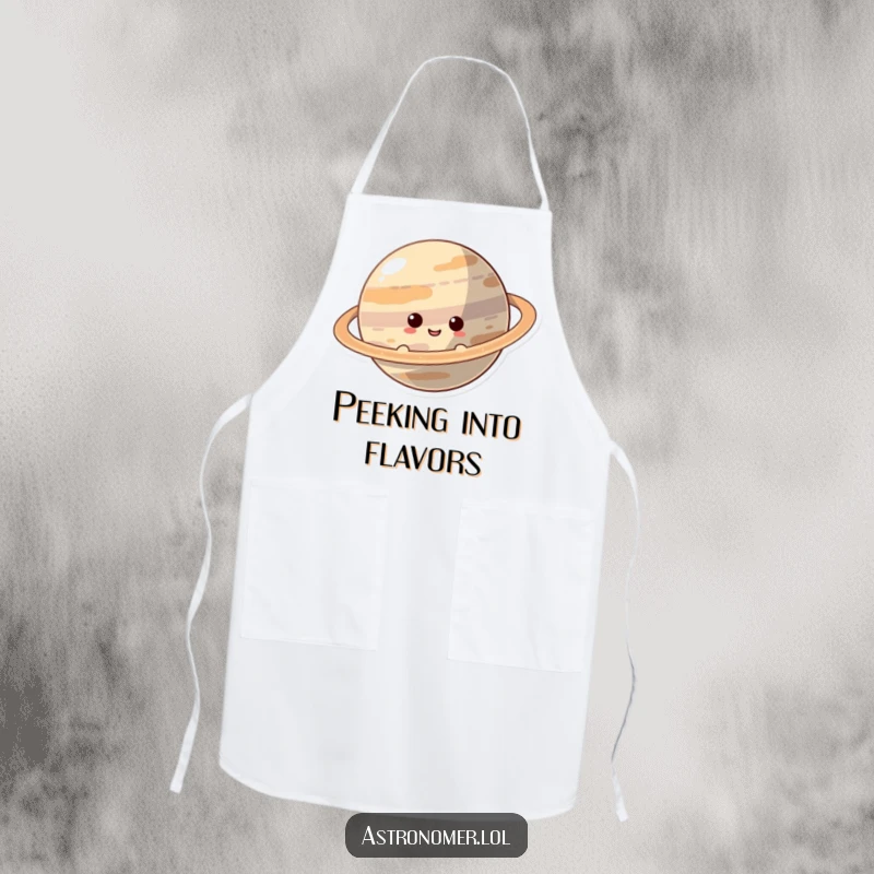 Funny Apron: A curious character smiles while peeking from behind a ringed planet, ready to explore new recipes.