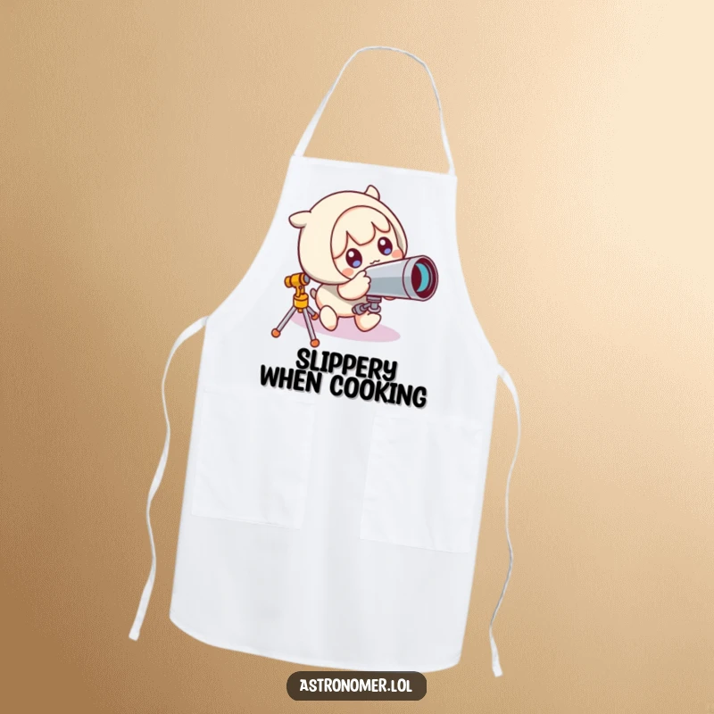 Funny Apron: Cute character comically trips over a telescope while cooking, illustrating humorous kitchen mishaps and a love for astronomy.