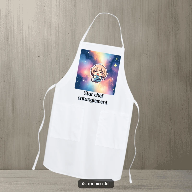Funny apron featuring a character comically tangled in a starry nebula while attempting to cook, giggling through the cosmic mess.