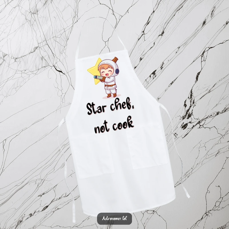Funny Kawaii astronomer character joyfully hugging a glowing, impossibly huge star on this kitchen apron.