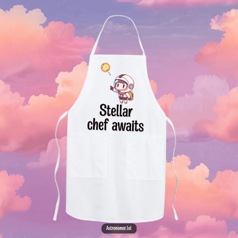 Funny space chef apron with an astronaut pointing at a galaxy, a humorous kitchen accessory for aspiring cosmic cooks and gift recipients.