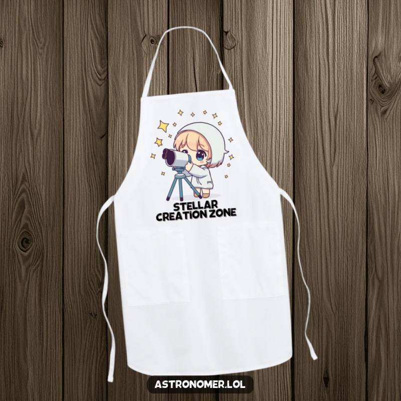 Funny apron showing a character with a telescope and stars, ready to cook up a cosmic culinary creation.