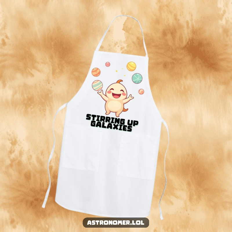 Funny apron showing a happy creature juggling planets, ideal for chefs and home cooks who love space themes and humor.