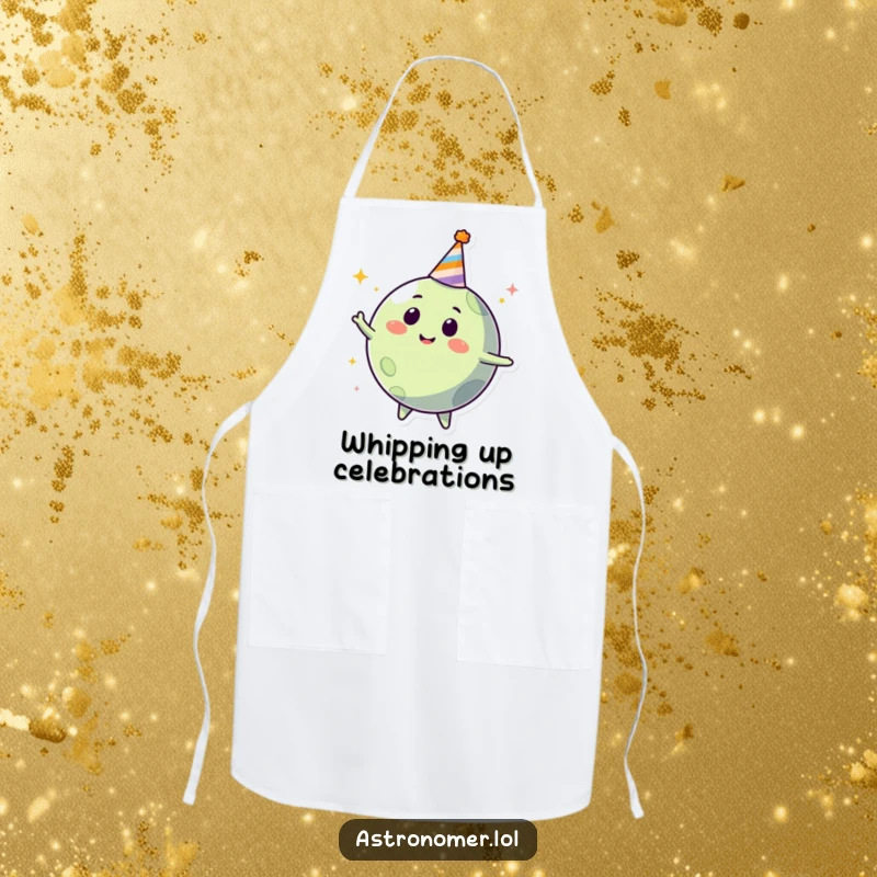 Funny happy planet wearing a party hat, spinning with delight, humorous apron for kitchen celebrations.