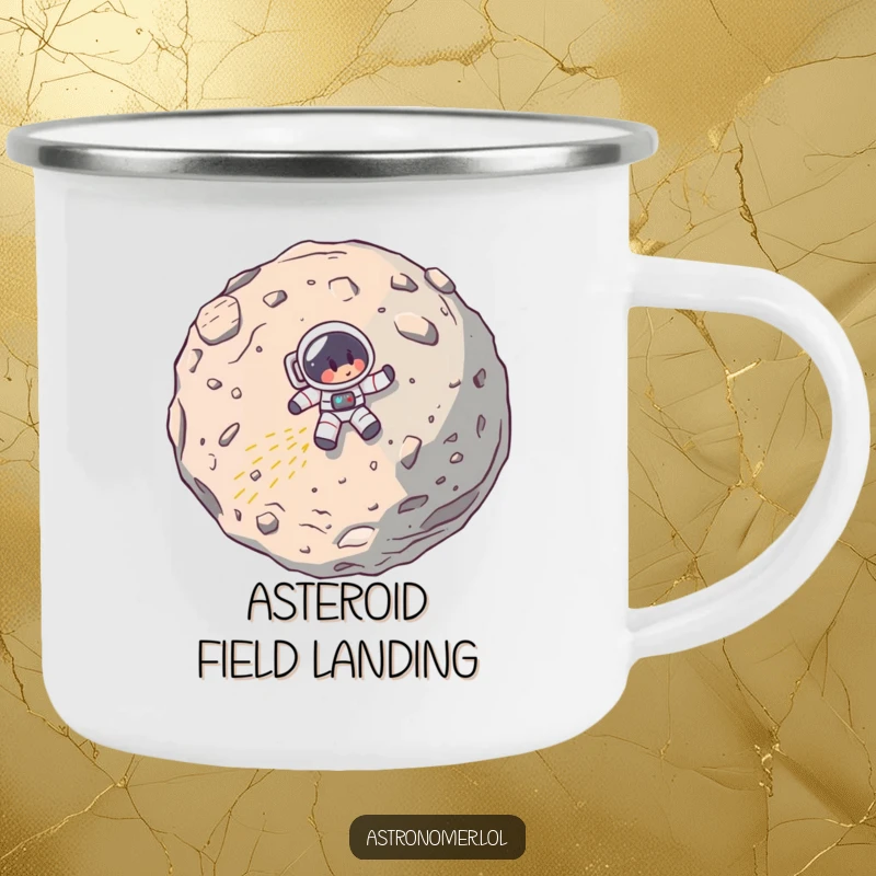Funny camping mug showing a cartoon astronaut comically crashing into a large asteroid, rugged and humorous for outdoor use.