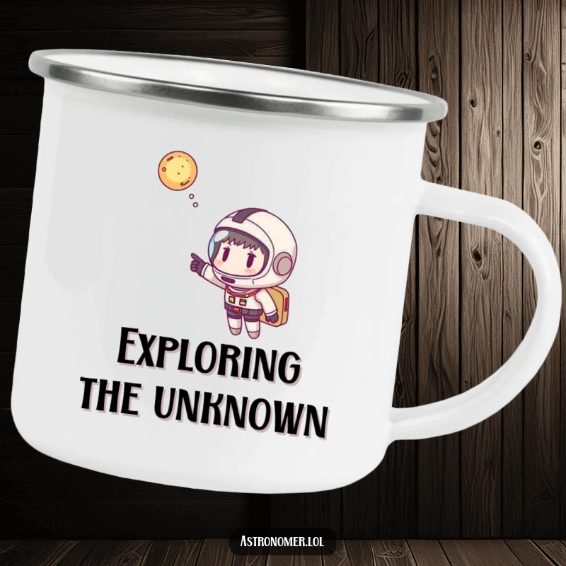 Funny astronaut camping mug with helmet playfully pointing at a galaxy, a durable and humorous gift for outdoor space enthusiasts.