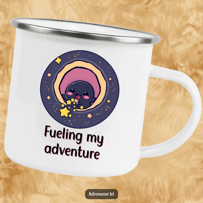 Funny cheerful black hole character playfully slurping up small stars, durable enamel camping mug.