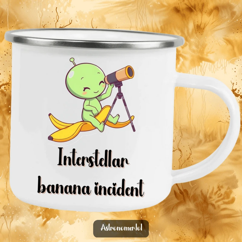 Funny alien slipping on a banana peel while looking through a telescope, sturdy and amusing camping mug, outdoor gag gift.