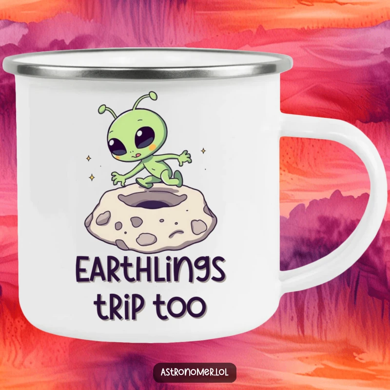 Funny Camping Mug: A goofy alien comically trips over a moon crater, perfect for outdoor beverages.