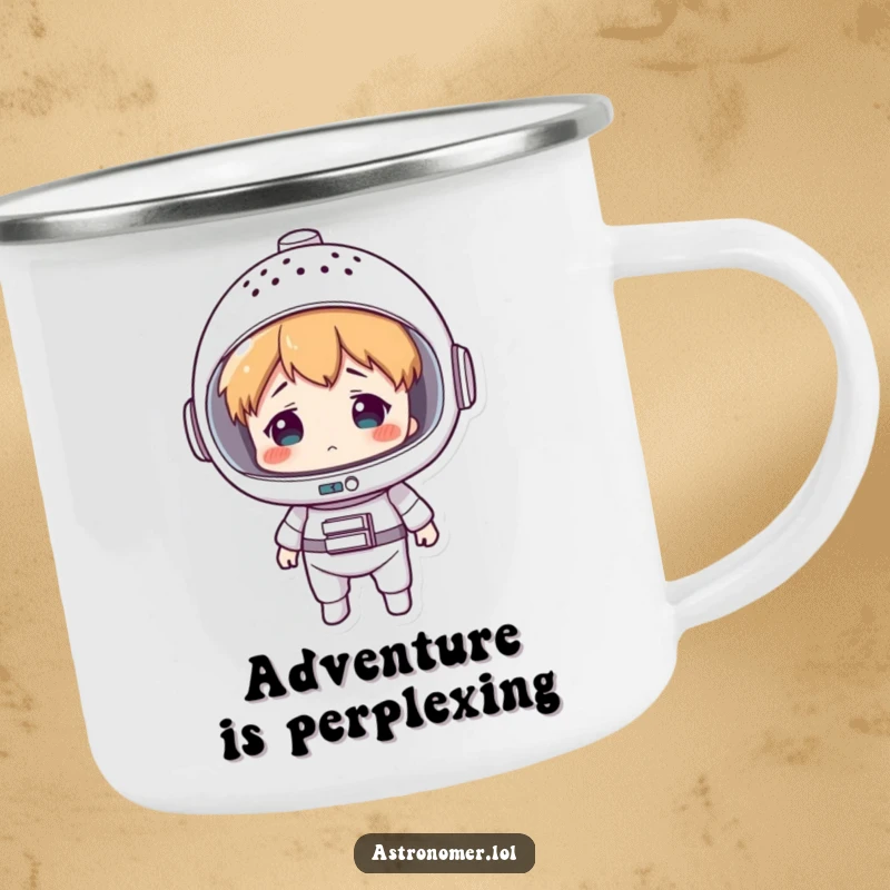 Funny camping mug featuring a character in a colander space helmet, looking confused but ready for an outdoor escapade.